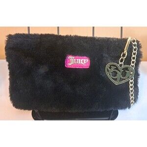 Juicy Couture Y2K Black Logo Fur Flocked Plush Wallet Coin Purse Keychain 9x5.5